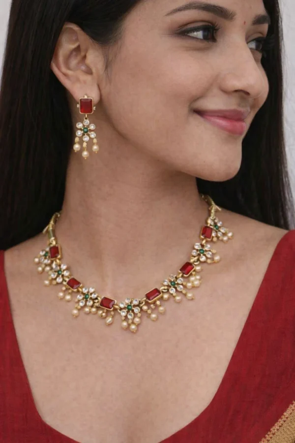 Noor Ruby Pearl Cascade Necklace Set ✨